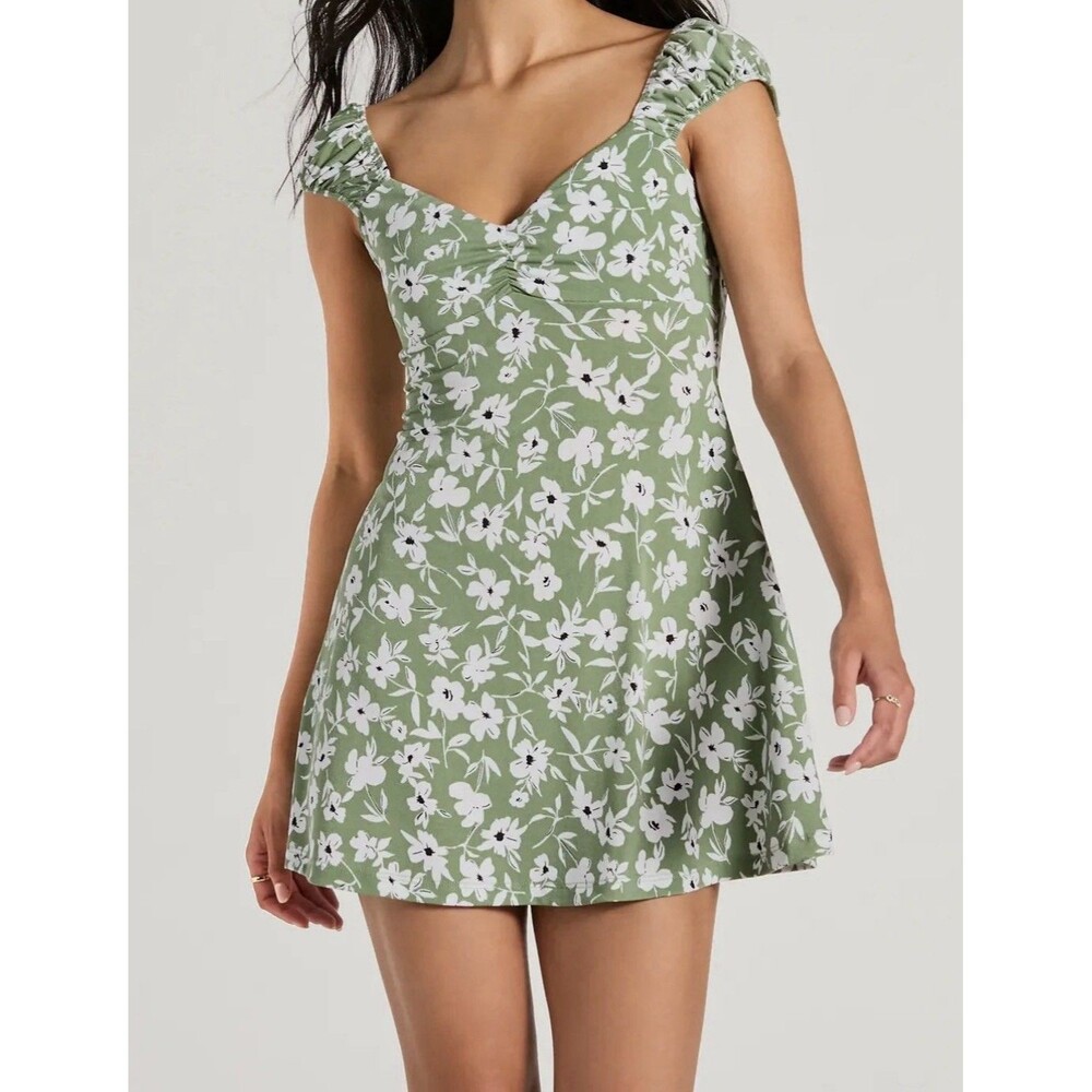 Windsor Green White Floral Ruffle Sleeve Midi Dress V-Neck Lightweight Women (S)